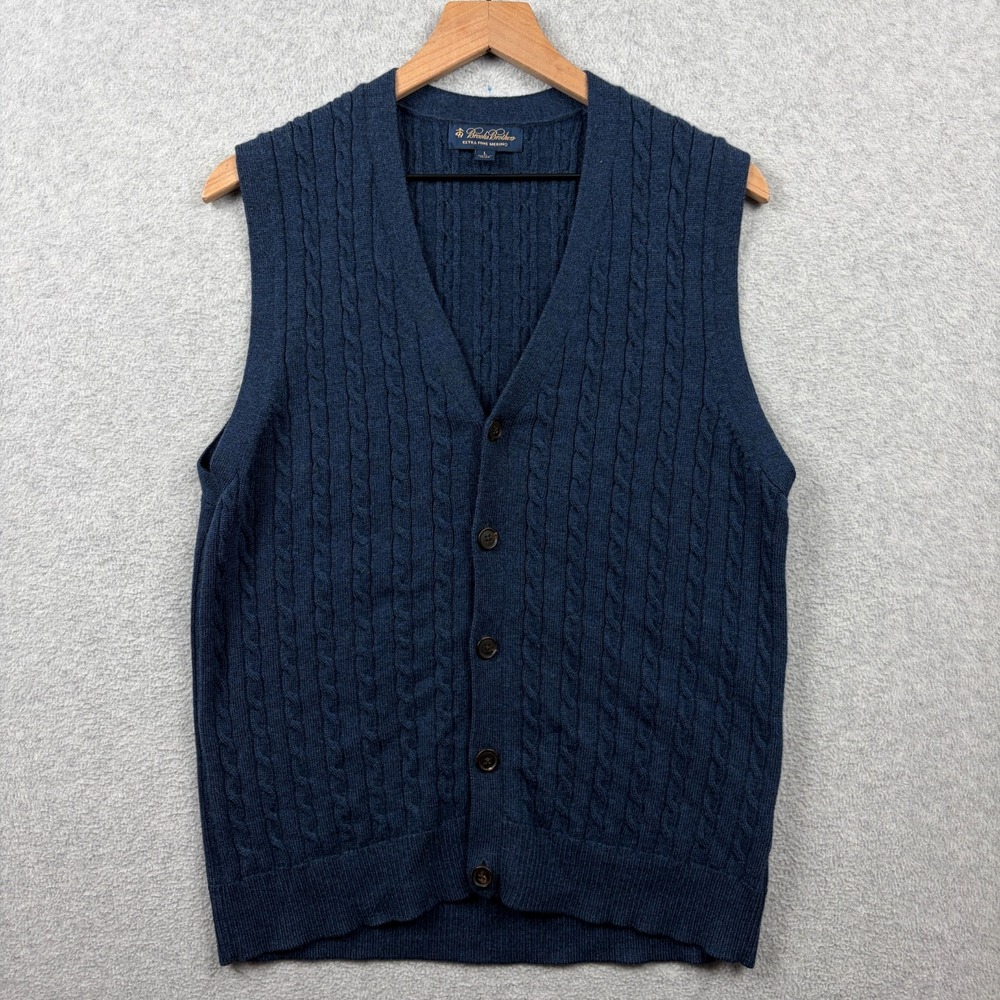 Brooks Brothers Sweater Vest Mens Large Blue Merino Wool Button Front Cable Knit